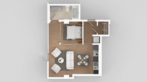 a 3d rendering of a floor plan of a house with a bedroom and living