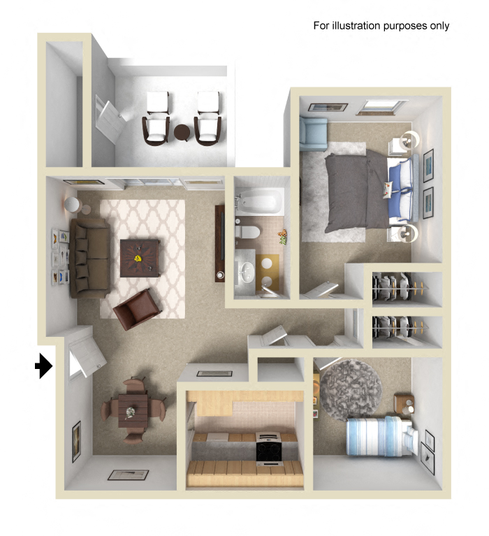 Two Bedroom One Bath Floor Plan at Terrace Gardens Apartment Homes, Escondido