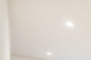 a living room with white walls and wood floors and a window