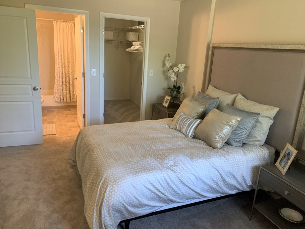 a bedroom with a bed and a closet and a bathroom