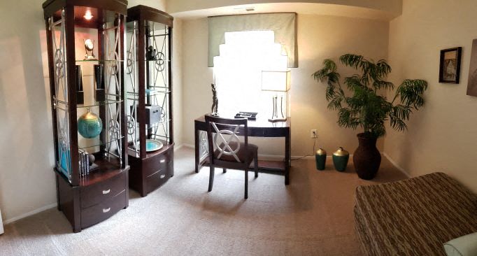 a living room with a table and a plant