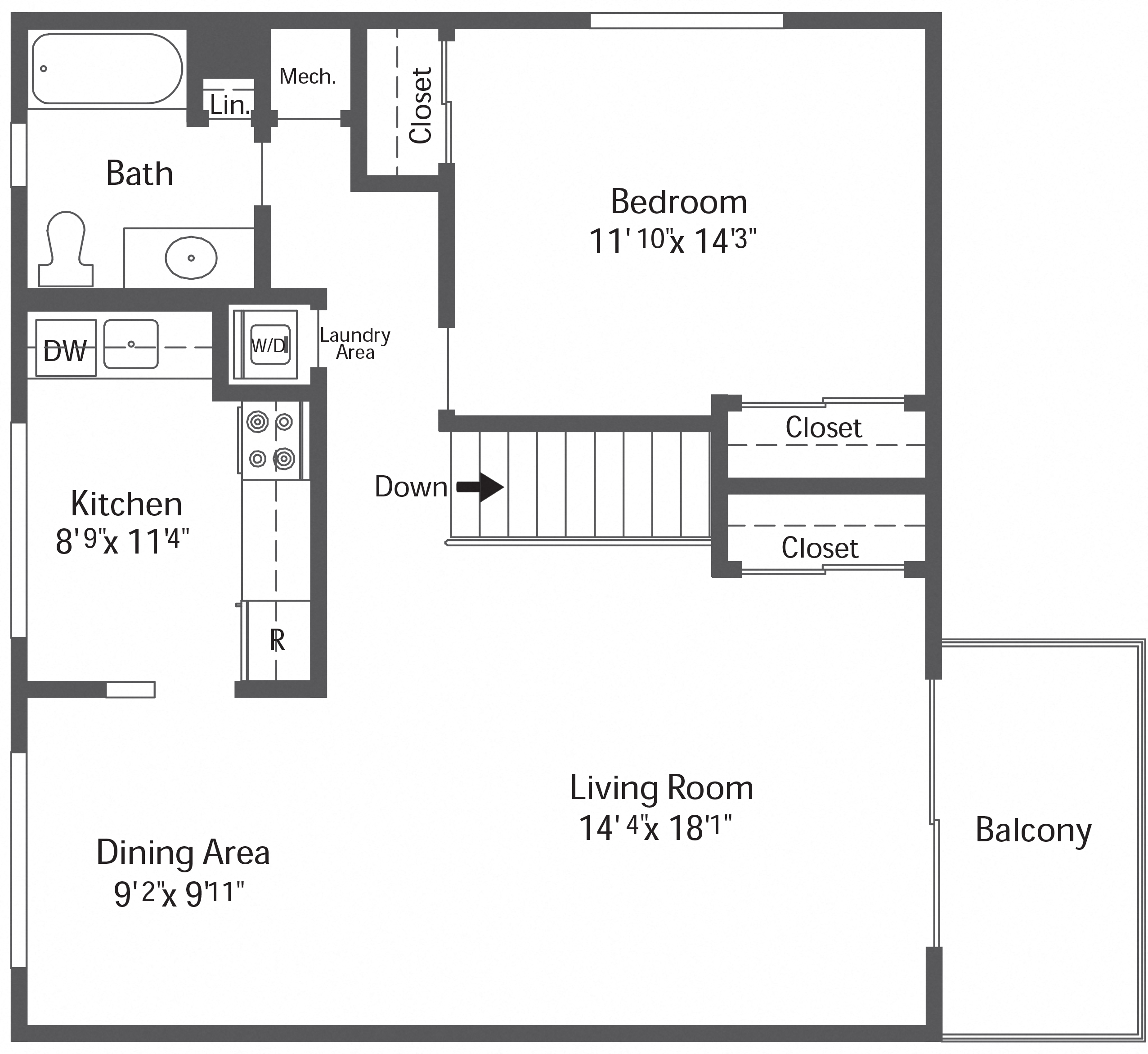 1BR 1BA (820sf)