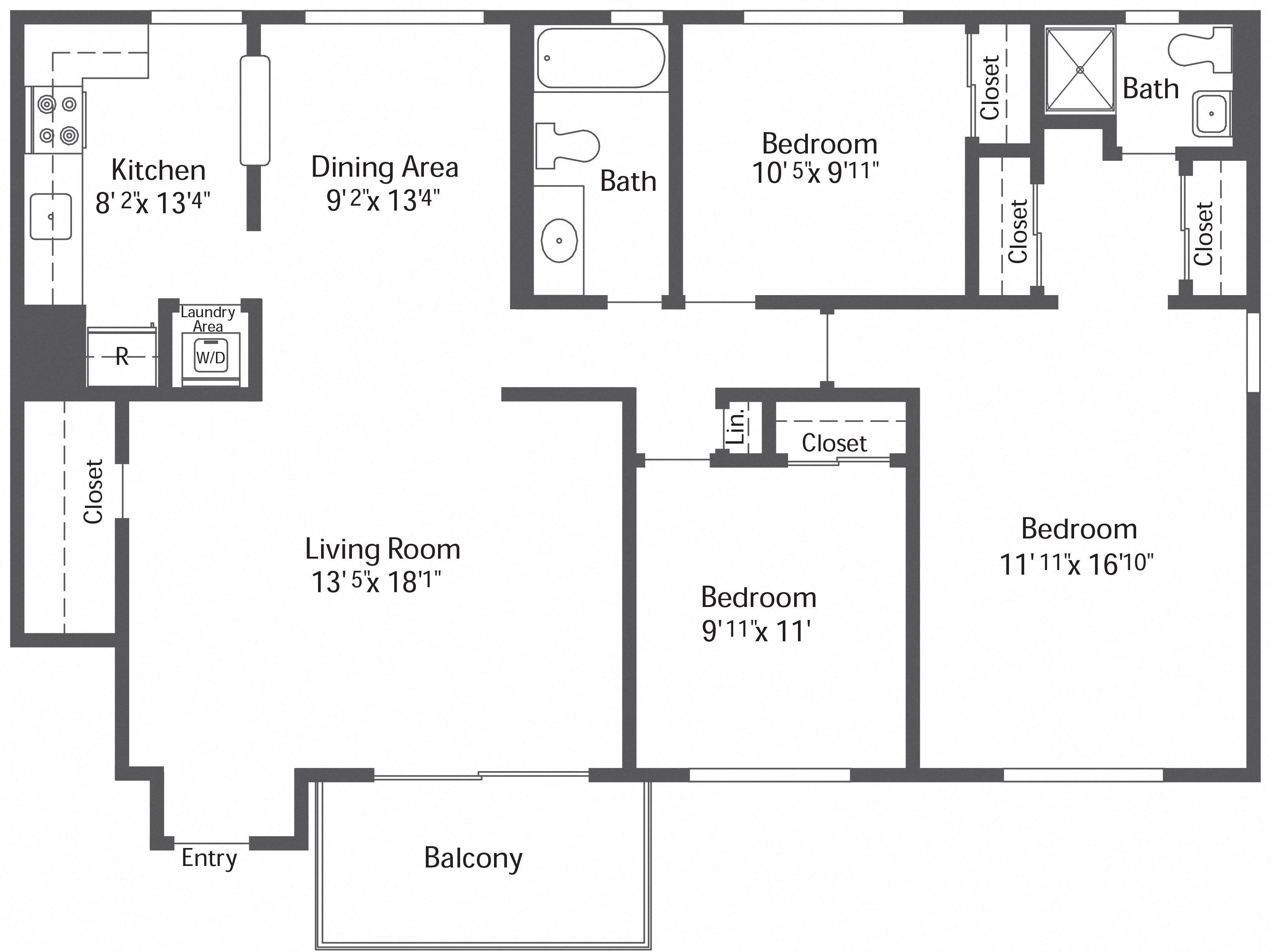3BR 2BA (1190sf)