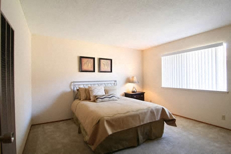 One Bedroom Apartments in Sunnyvale CA - Cherry Blossom - Bedroom with Carpeted Floor, Bed, Nightstand with Lamp, and Large Window