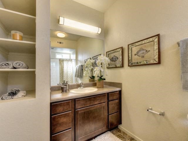 a bathroom with a sink and a mirror