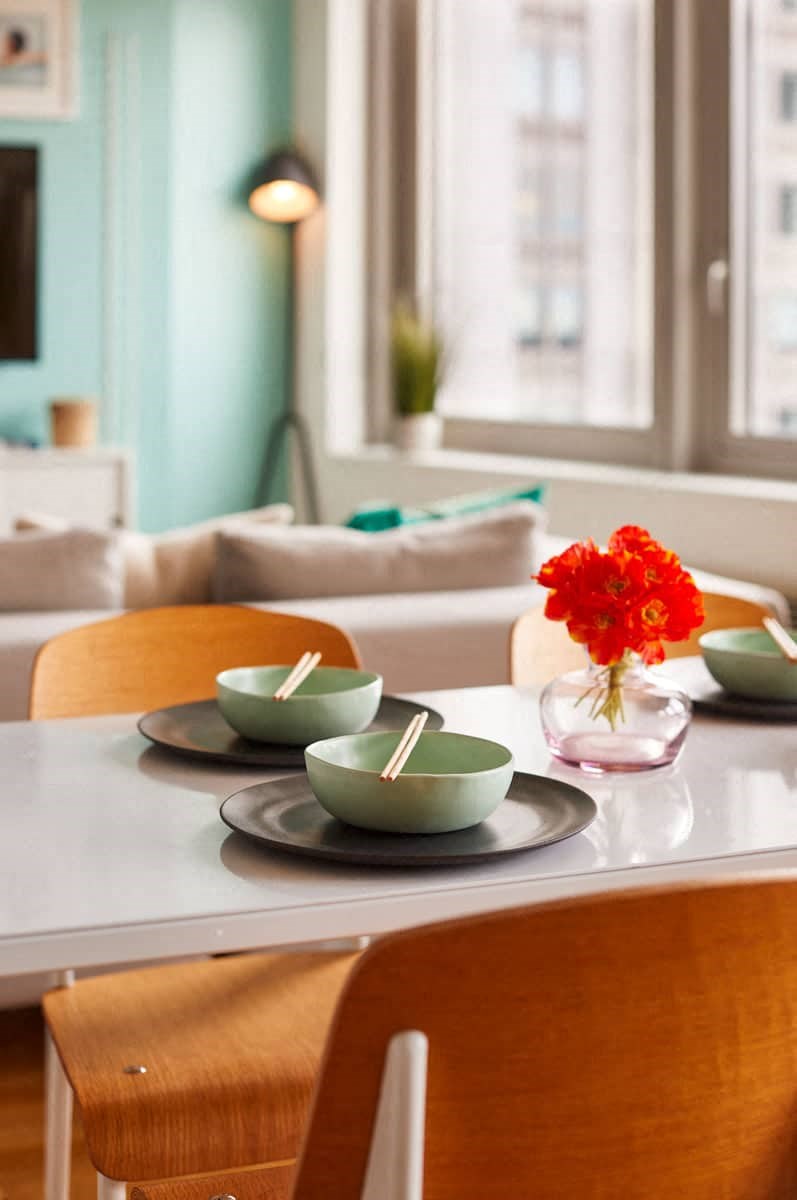 a dining room table with bowls and a vase of flowers