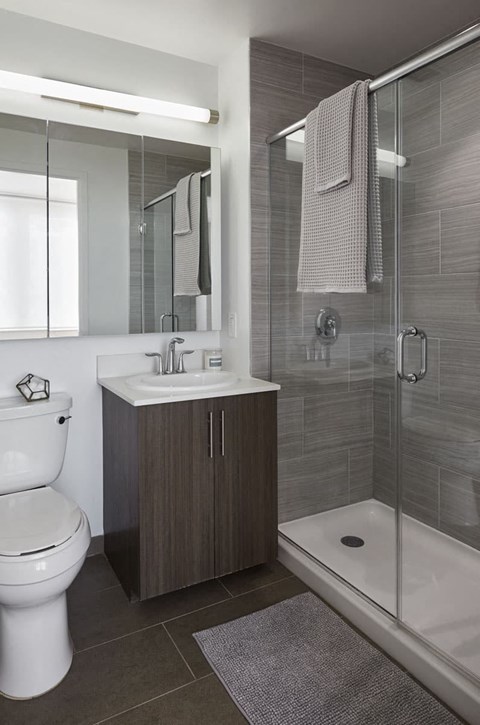 a bathroom with a toilet sink and shower