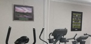 Gym Exercise room with ellipticals, treadmills, and indoor bikes.