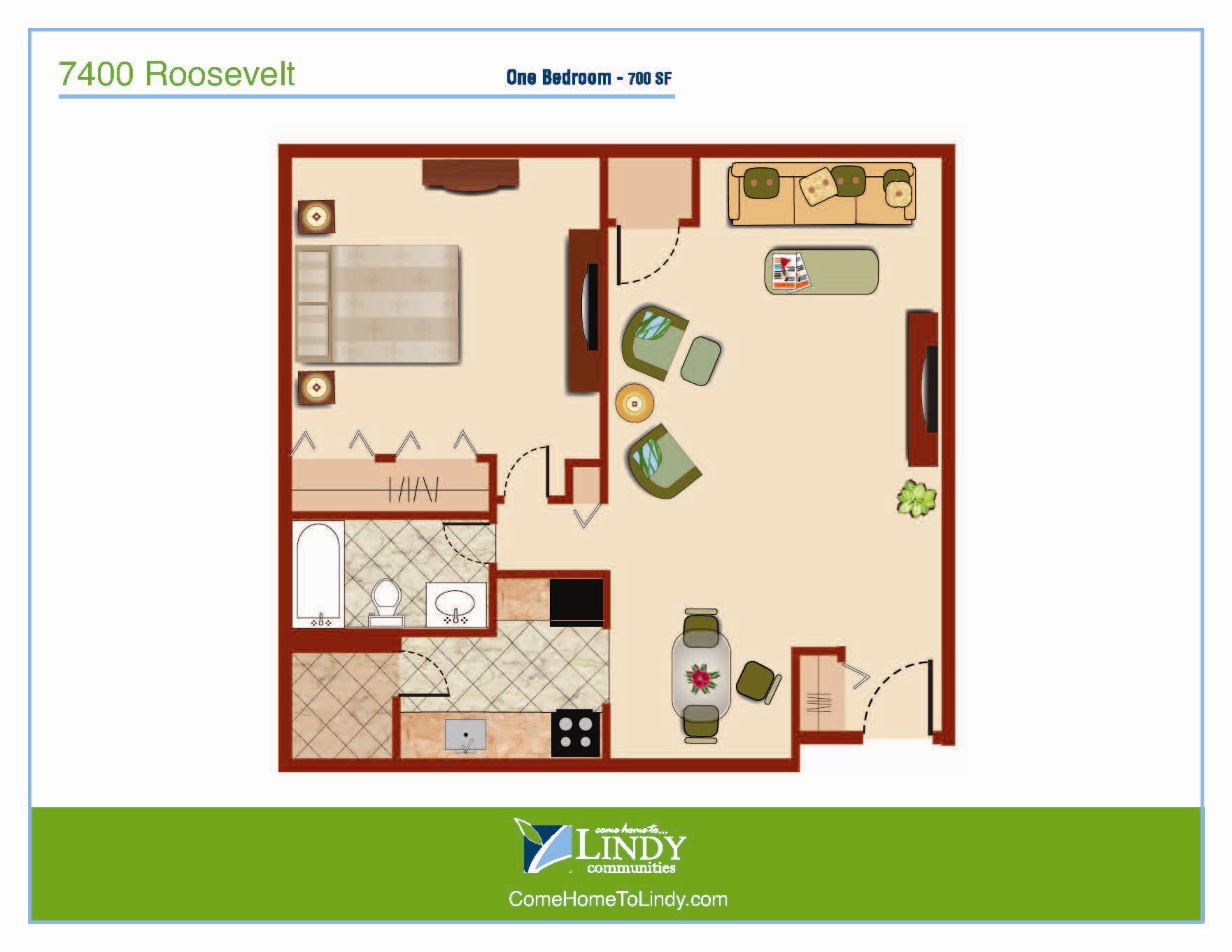700 square foot 1 bedroom apartment with 1 bathroom.