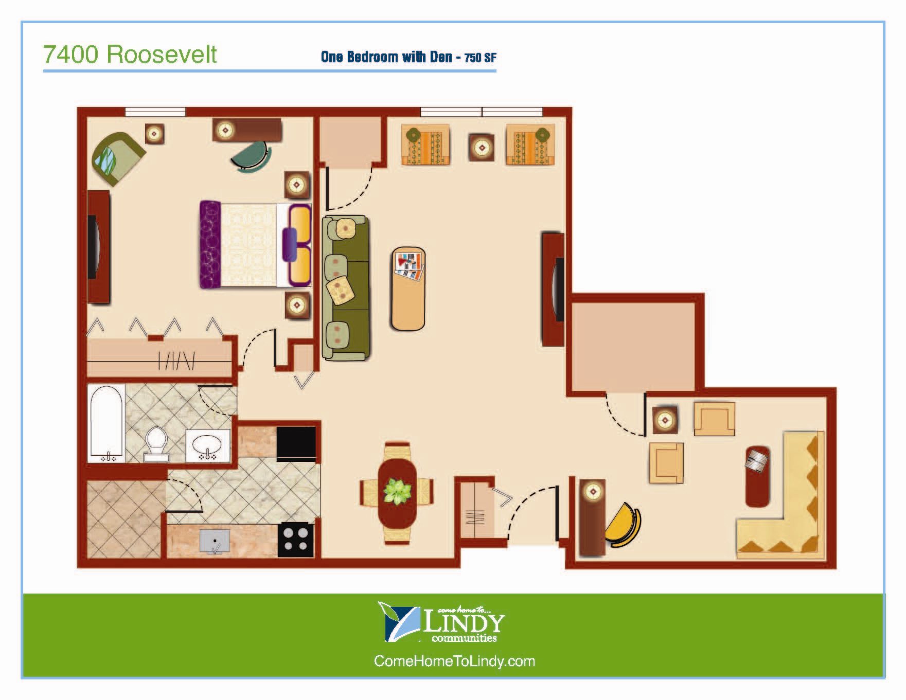 750 square foot 1 bedroom apartment with 1 den and 1 bathroom.