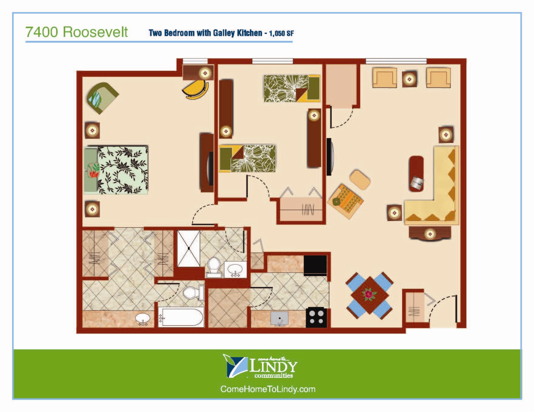 1,050 square foot 2 bedroom apartment with 2 bathrooms.