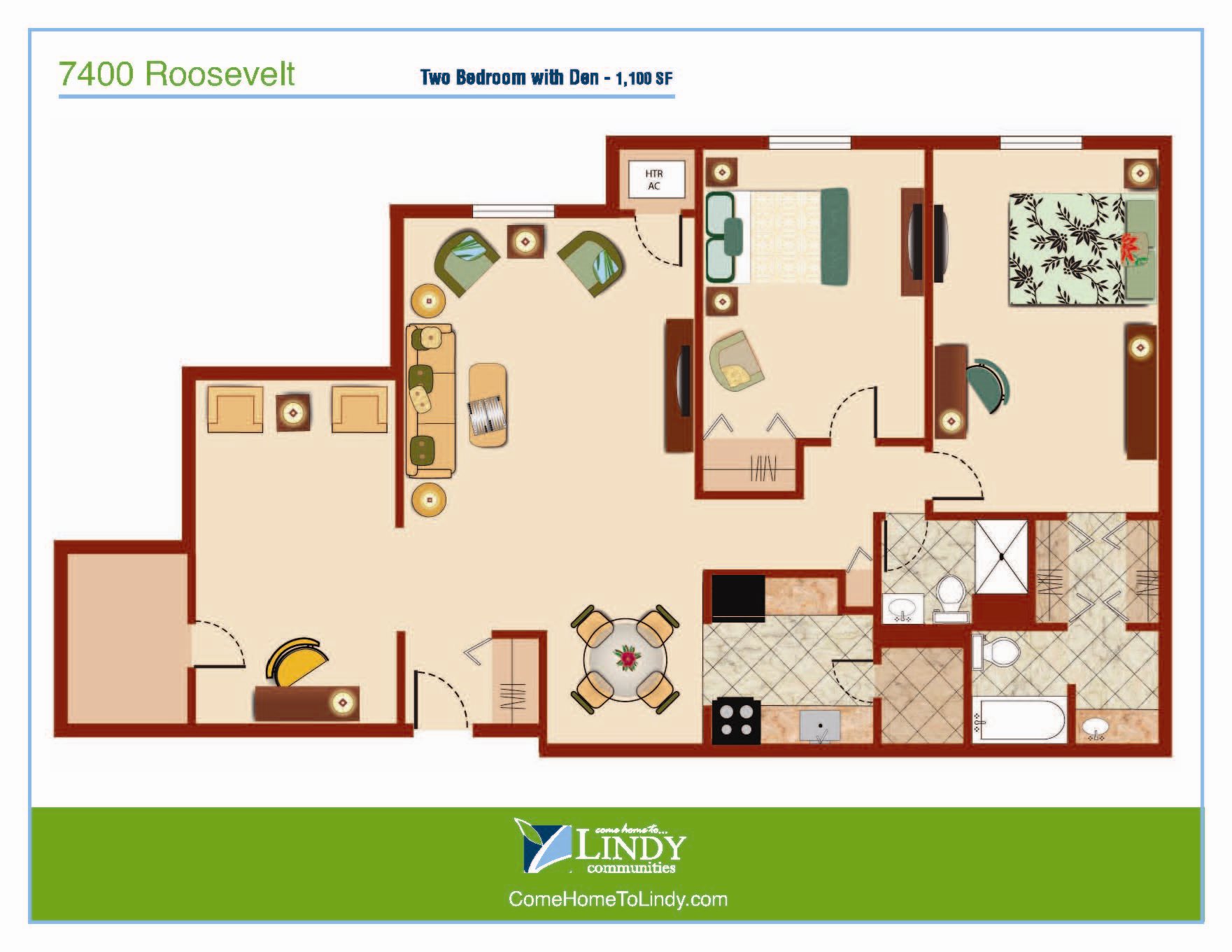 1,100 square foot 2 bedroom apartment with a den and 2 bathrooms.