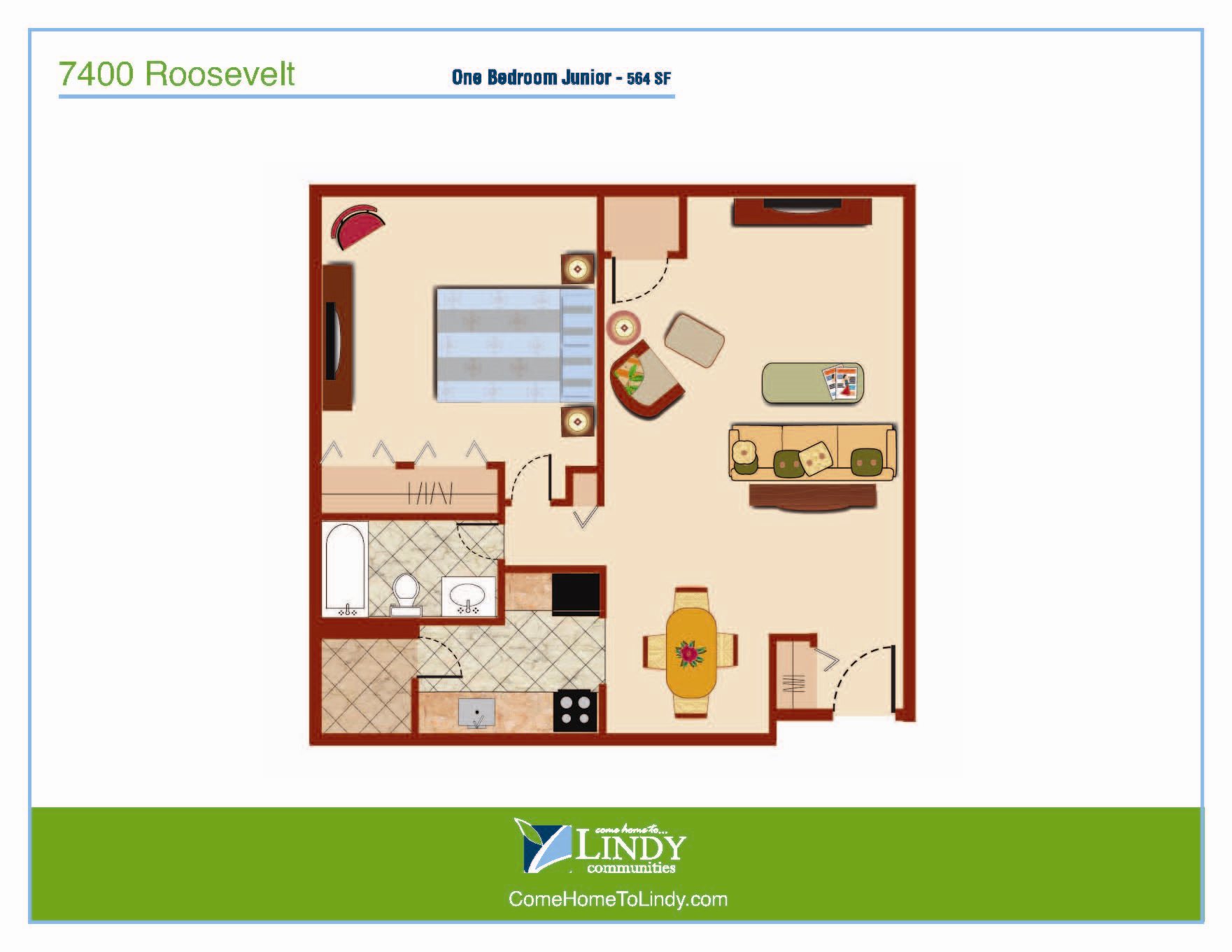 500 to 564 square foot 1 bedroom jr. apartment with 1 bathroom.