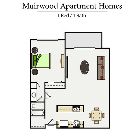 One bedroom floor plan l Muirwood Garden Apartments Martinez CA