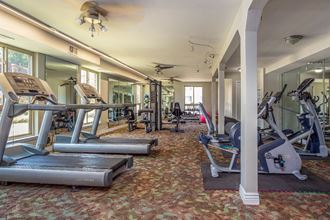 Fitness center with weight lifting machines, indoor bikes, a television, and yoga ball - Photo Gallery 4
