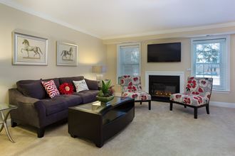 Furnished living room with two windows and fireplace