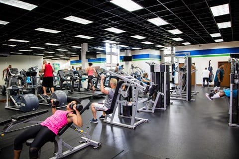 Fitness center equipped with weight machines, treadmills, ellipticals, and indoor bikes.