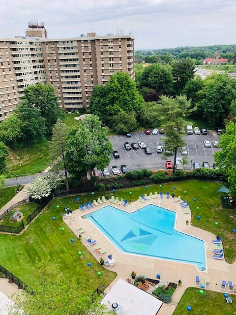 Aerial shot of pool and building