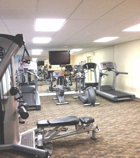 Fitness room with weight lifting machines, treadmills, indoor bikes, and a television.