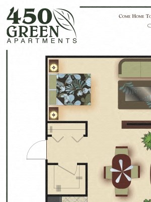 800 square foot studio apartment with 1 bathroom.
