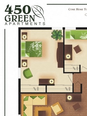 1,150 square foot apartment with a balcony, two bedrooms and one bathroom.