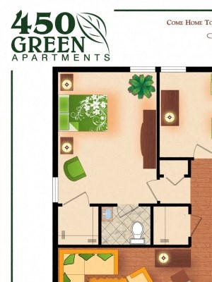 1,150 square foot apartment with two bedrooms and one and a half bathrooms.