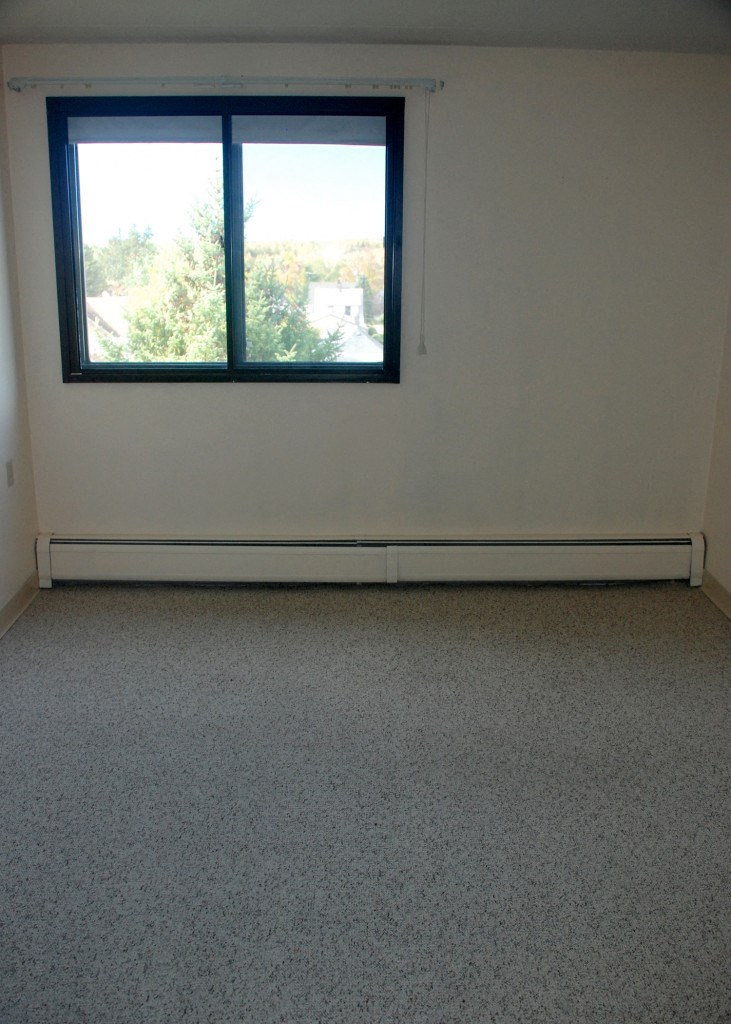 a room with a window and a carpeted floor