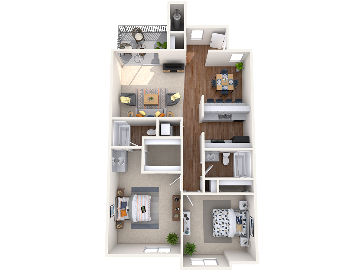 Two Bedroom and Two Bathroom. 1020 Square Feet. Unit comes with a Washer/Dryer. One Bedroom has a private bathroom. Unit also features a private patio.