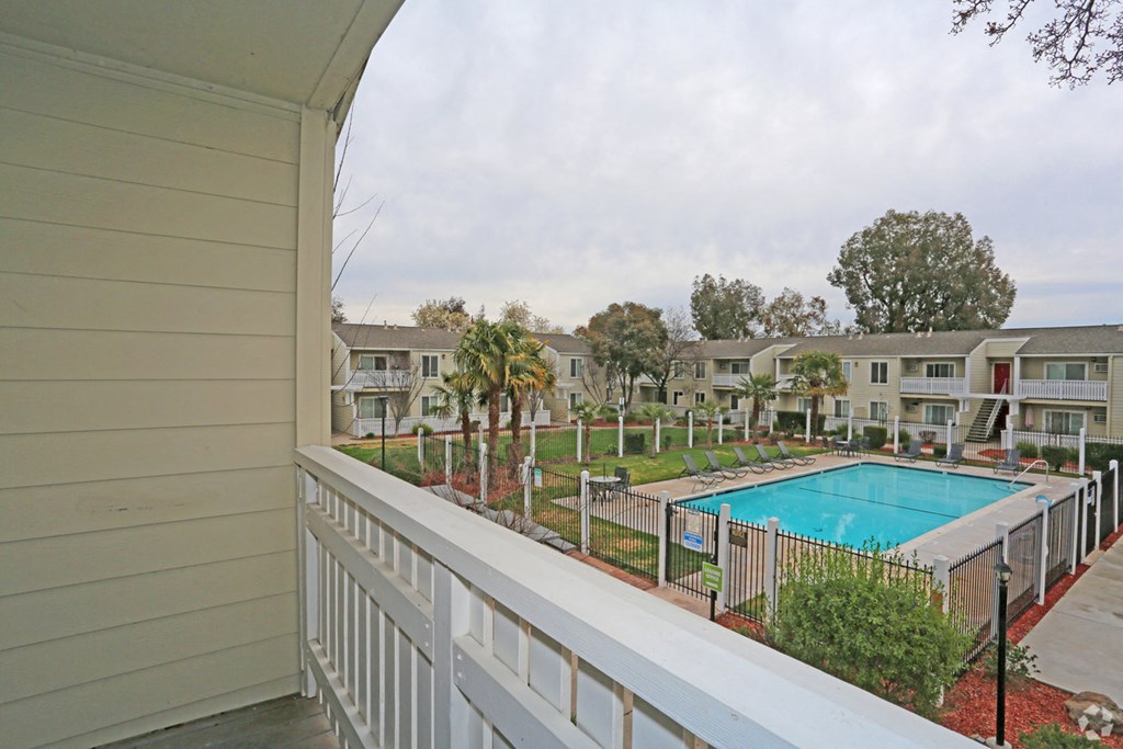 View of pool from balcony at PARKSIDE BRENTWOOD, Brentwood California