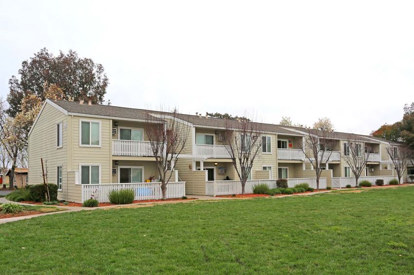 Row of buildings and grass l Park Brentwood CA Apartments for rent