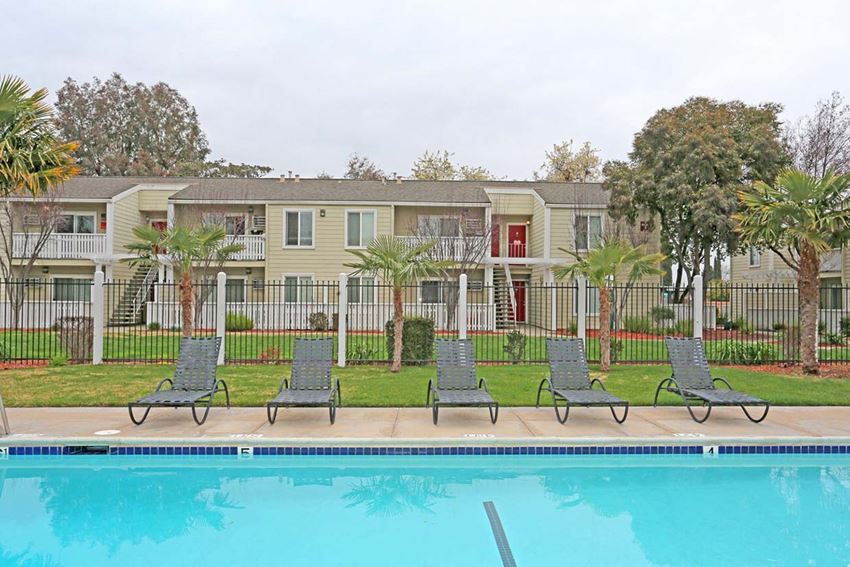Row of lounge chairs by pool l Park Brentwood CA Apartments for rent