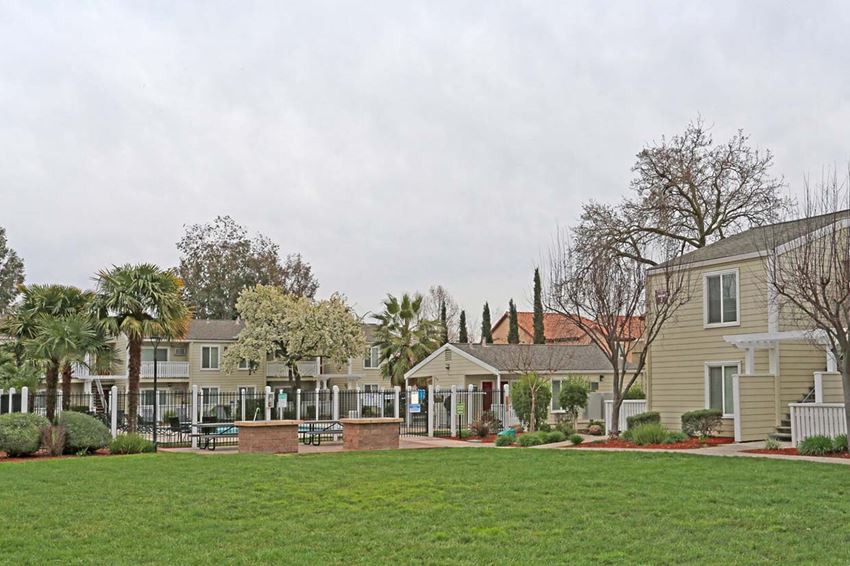 Exterior buildings view with grass area l Park Brentwood CA Apartments for rent