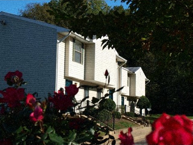 a row of white houses with roses in the foreground