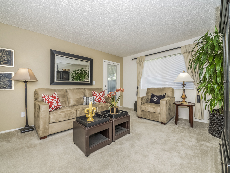 a living room with two couches and a coffee table
