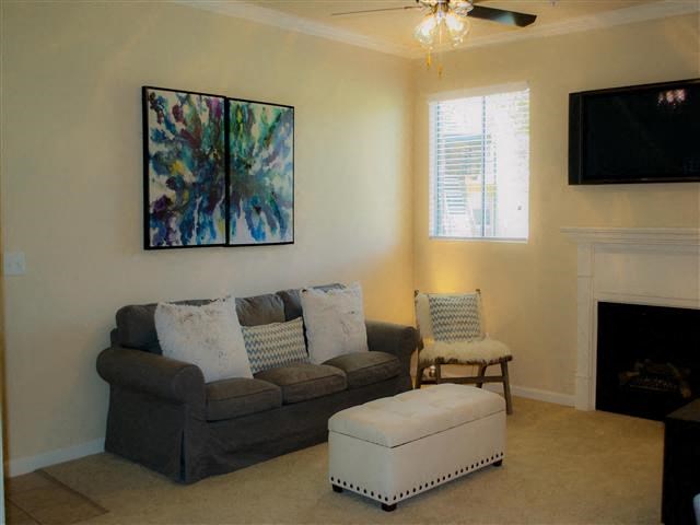 Furnished Living Room with Fireplace Apt rentals in Elk Grove l Siena Villas
