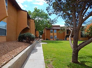 Sierra Meadows Apartments l Sidewalk Walkway by apt building and grass Sierra Meadows Apts l Albuquerque NM Apts for rent - Photo Gallery 5