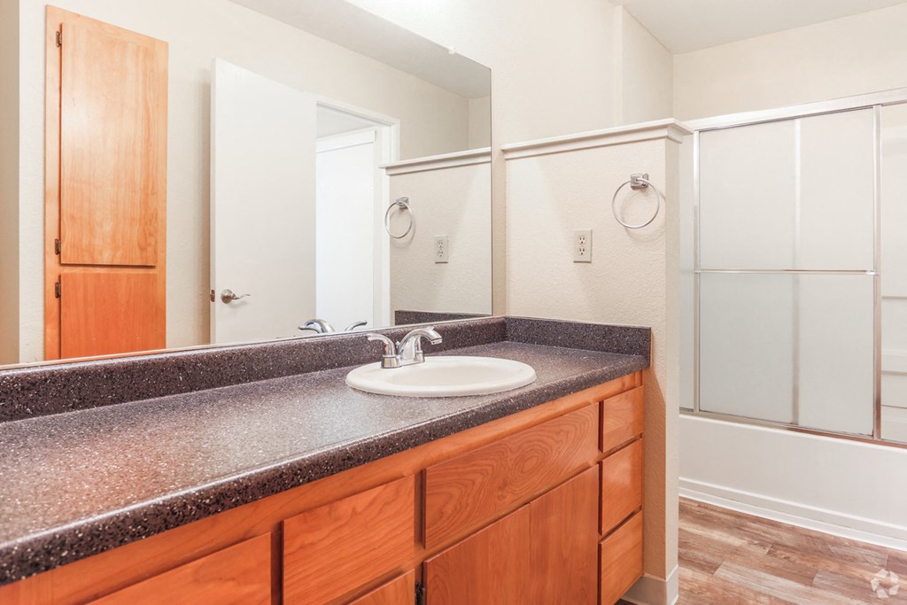 Bathroom sink and shower  l Somersett Hills Apartments in Roseville Ca