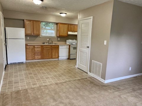 A kitchen with a white refrigerator and a white door.