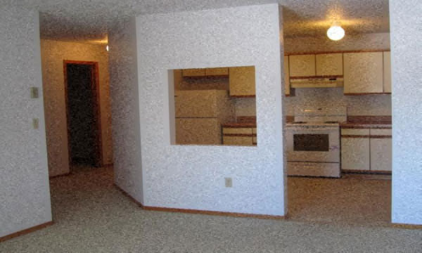 View from living room into kitchen