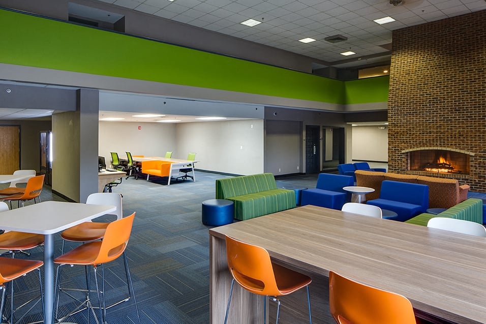 lobby with tables and tall chairs