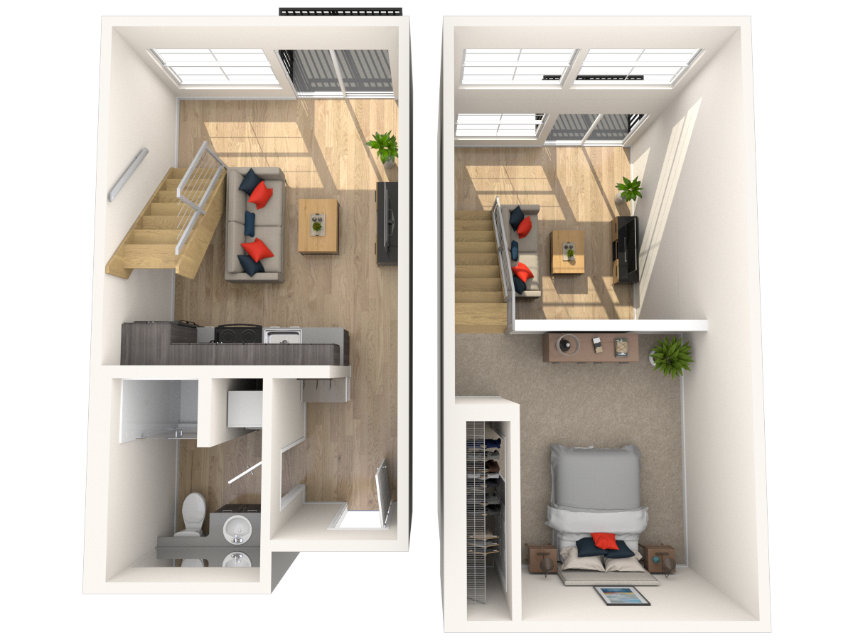 2 Story Loft - 1 Bedroom 1 Bath Floor Plan Layout - 570 Square Feet