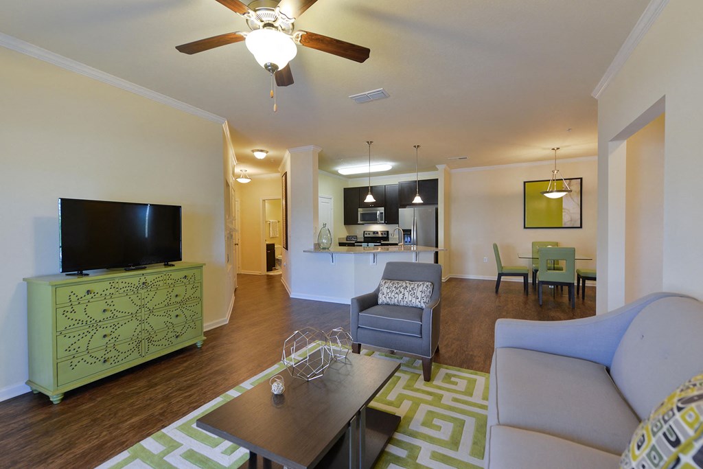 A living room with a green cabinet and a television at Cabana Club Apartments, Jacksonville, FL, 32256