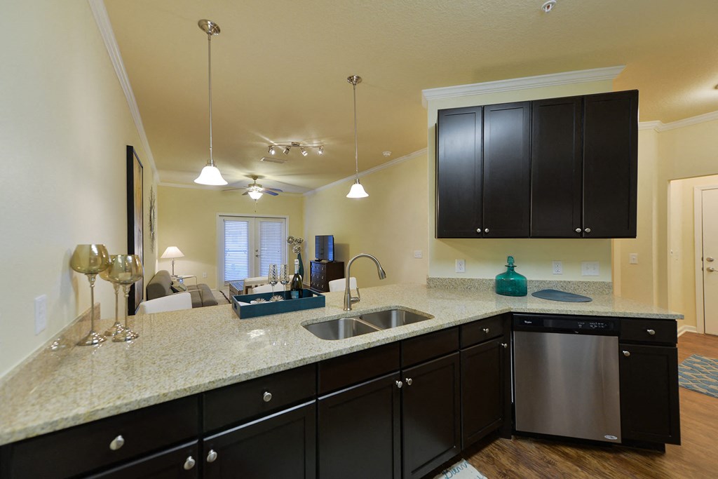 A kitchen with black cabinets and a granite countertop at Cabana Club Apartments, Jacksonville, FL