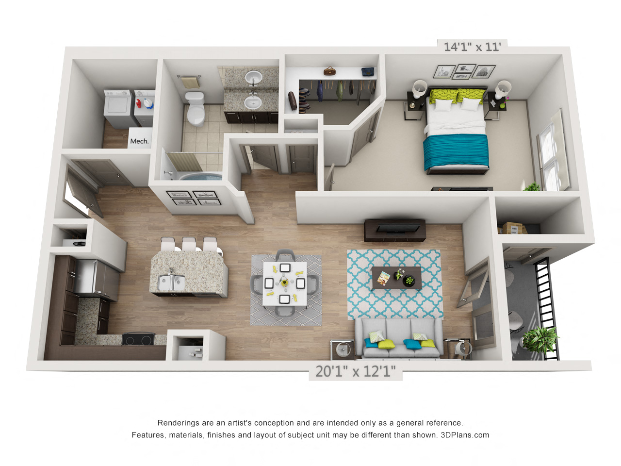 One bedroom apartment floor plan rendering