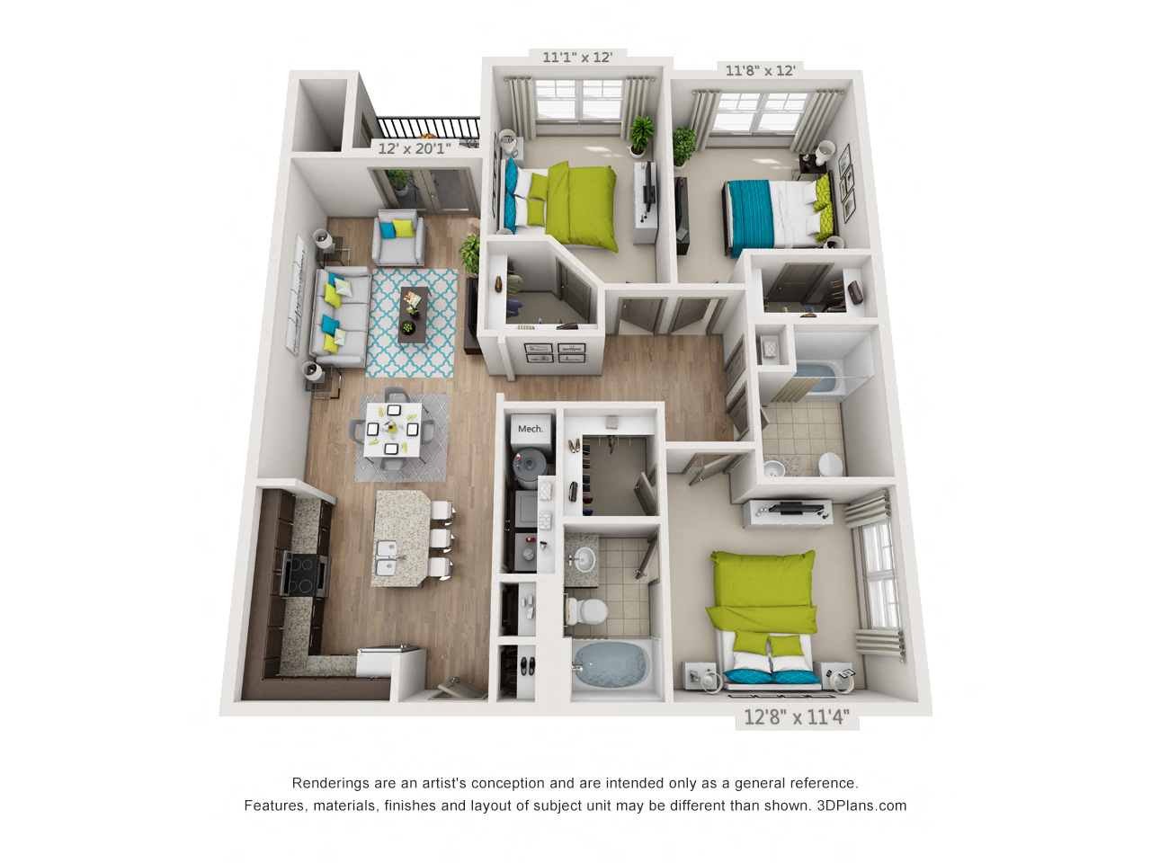 Three bedroom apartment floor plan rendering