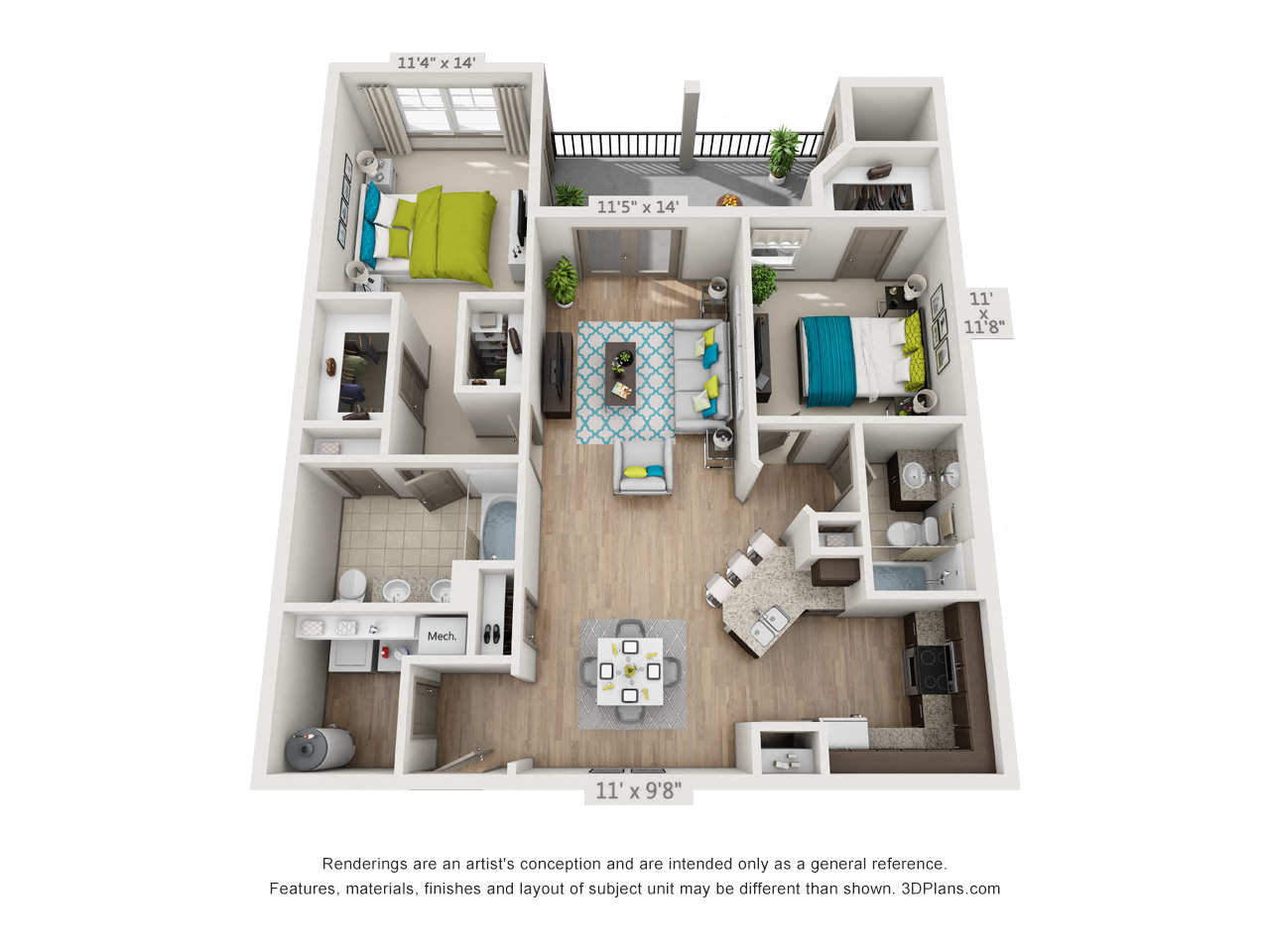 Two bedroom apartment floor plan rendering