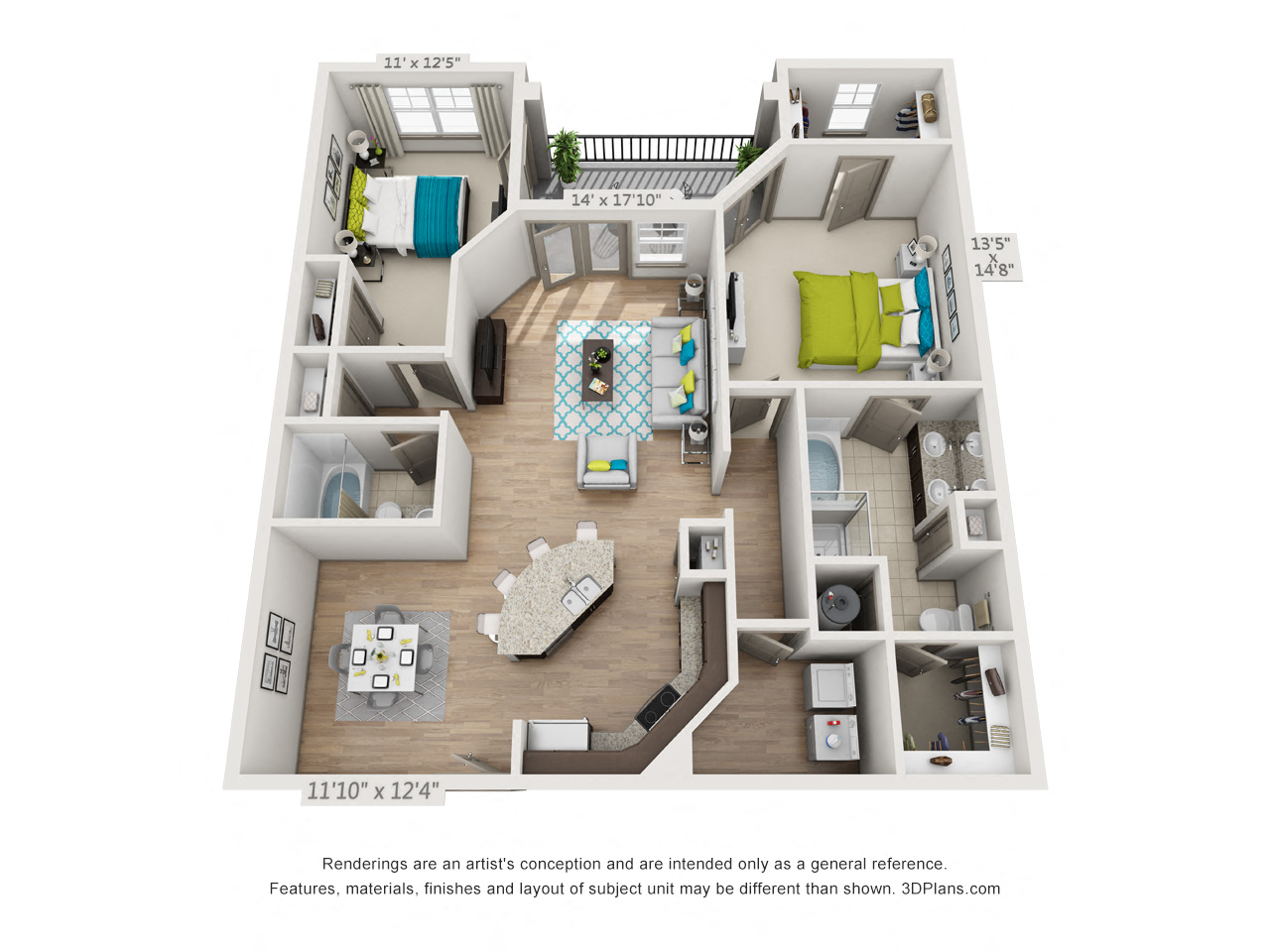 Two bedroom apartment floor plan rendering