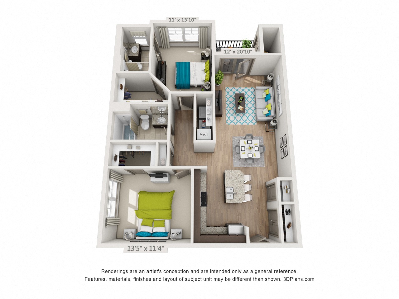 Two bedroom apartment floor plan rendering