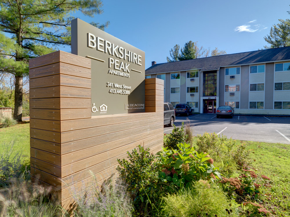 Monument Sign at Berkshire Peak Apartments, Pittsfield, 01201.