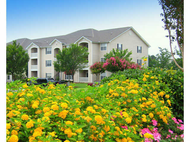 a large yard of flowers in front of an apartment building